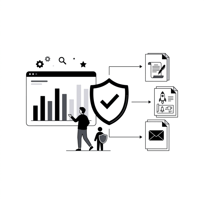 Illustration of AI content verification: reviewing analysis results and checking documents for accuracy